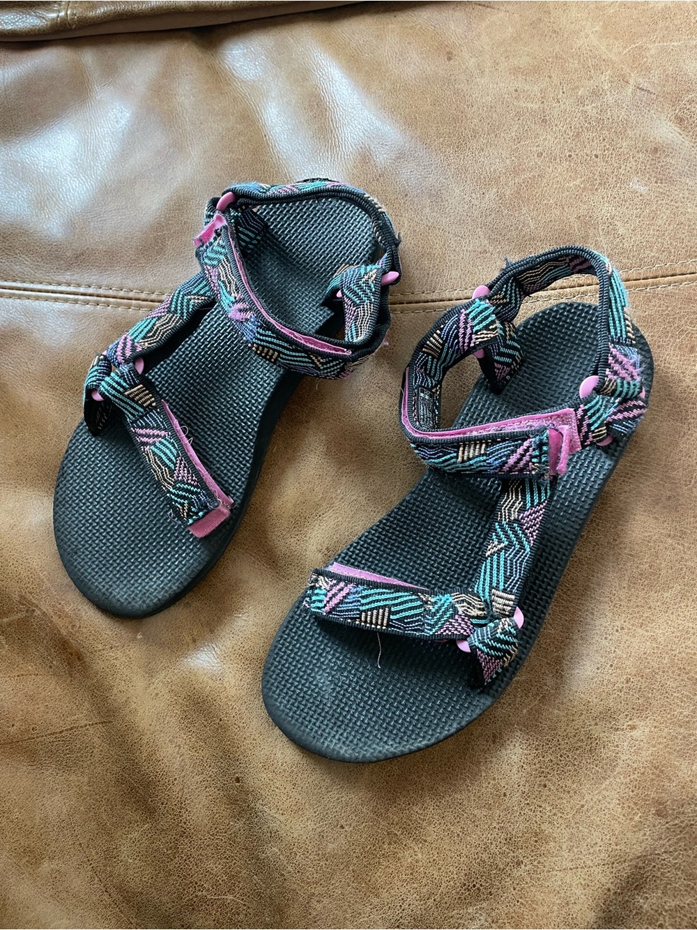 Teva Black Sandals with Pink and Teal Patterned Straps